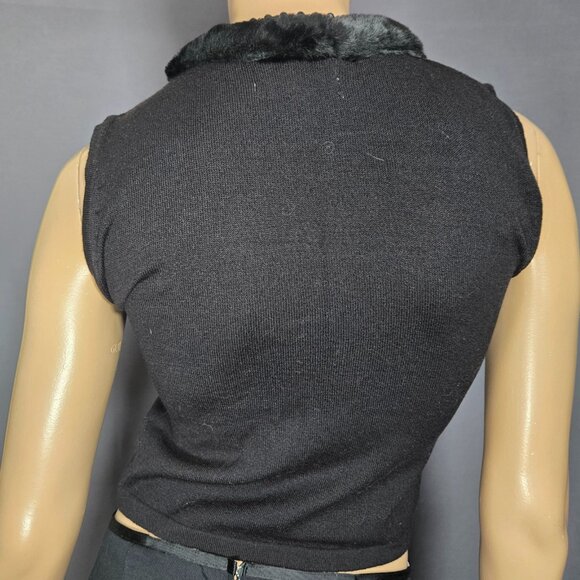 Vintage 90s Black Sleeveless Knit Crop Top Faux Fur Trim Size S Deadstock - Picture 5 of 9
